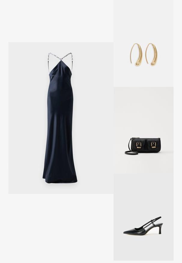 Ilga, prigludusi, tamsiai mėlyna satino suknelė su špagetinėmis petnešomis. Turi kryžminį nugaros dizainą su sidabriniu grandinėlės akcentu. Lygus, švelnus paviršius.; Juodai lakuoti slingback aukštakulniai su smailiu nosiu, su tekstūruotu gyvatės raštu, reguliuojama juosta ir trumpu, tekstūruotu blokiniu kulnu.; Juodas odinis per petį nešiojamas krepšys su dviem priekiniais kišenėmis, auksiniais sagtimis, užtrauktuko uždarymu ir siauromis petnešomis. Textūruota paviršius ir kompaktiškas stačiakampis formatas.; Auksinės metalinės auskarų kabės su lenktą, pailgą forma. Turi lygų, blizgantį paviršių ir užapvalintą galiuką papildomam akcentui.