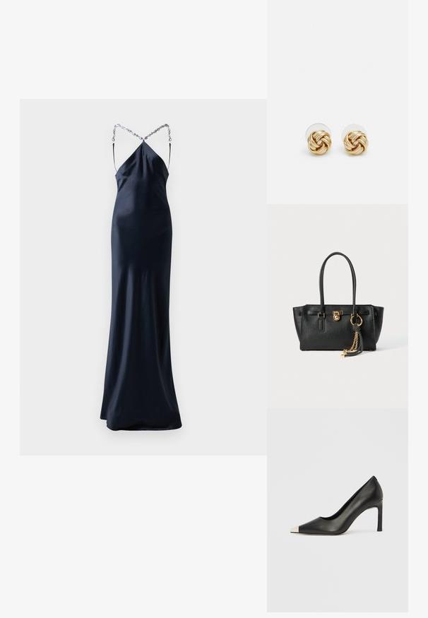 Long, fitted, navy satin dress with spaghetti straps. Features a crisscross back design with silver chain accent. Smooth, sleek texture.; Black leather high heel shoe with a pointed toe and a metallic silver cap. Features a smooth finish and a slender 10 cm heel.; Black leather handbag with double handles, gold lock and chain detail, and black-and-white tassel accessory against white background.; Gold-tone knot stud earrings with a twisted design. Each earring features a circular clear backing for secure wear.