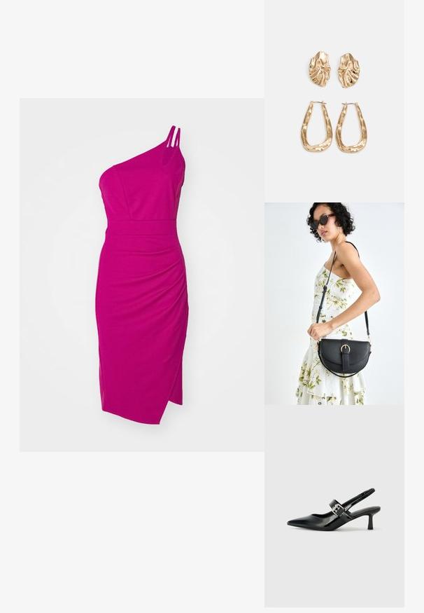 Robe cintrée à une épaule en fuchsia vif. Fabriquée en tissu lisse avec des détails froncés et une fente sur le côté. Dotée de deux fines bretelles.; Escarpins slingback en cuir verni noir avec un bout pointu et un petit talon bloc, mettant en avant un accent en boucle argentée sur la sangle.; Sac à main en cuir noir avec une forme courbée, bandoulière amovible et des accessoires en or. Le sac est doté d'un rabat avec un détail de boucle.; Boucles d'oreilles dorées présentant des formes texturées et ondulées. Comprend des clips sculpturaux et un design de créoles ouvertes avec une finition martelée.