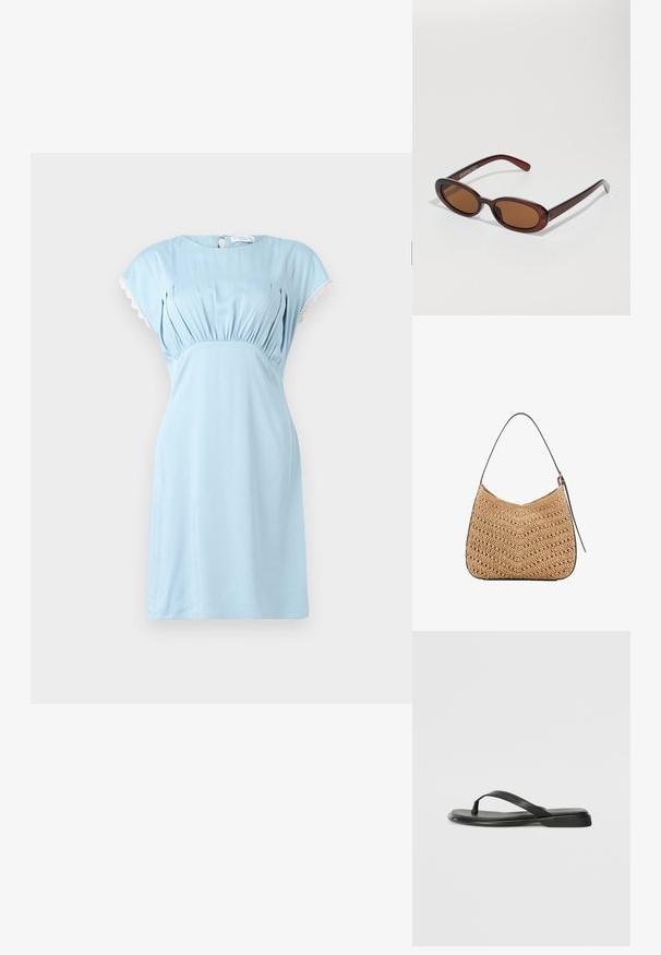 Hofmann Copenhagen CALLISTA - Rochie de zi - lavender blue; Sandale negre din piele netedă, cu un design cu curea subțire și o talpă plată cu un profil minimalist. Fără modele sau accente notabile.; Ochelari de soare rotunzi, cu nuanțe de brown și cu un cadru lucios de burgund. Brațe subțiri cu detalii subtile de branding. Design cu lentile plate.; Geantă de umăr din paie împletite cu o formă curbată, având o curea din piele închisă la culoare și o suprafață texturată cu un model în zigzag.