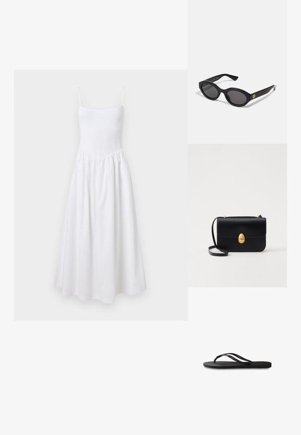 Weißes Sommerkleid mit gerafftem Oberteil, dünnen Trägern und ausgestellt Rock. Hergestellt aus leichtem Stoff, zeichnet es sich durch ein einfaches, nahtloses Design aus.; Schwarze Flip-Flops mit einer strukturierten Gummisohle, zwei schlanken Riemen und einem dezenten, geprägten Logo-Detail auf dem Riemen.; Schwarze ovale Sonnenbrille mit dunklen Gläsern und glänzendem Kunststoffrahmen. Mit goldenem Logo am Bügel, das ein elegantes und modernes Design bietet.; Schwarze Lederhandtasche mit strukturierter rechteckiger Form. Verfügt über einen goldenen ovalen Verschluss und einen dünnen Schulterriemen. Glatte Textur.