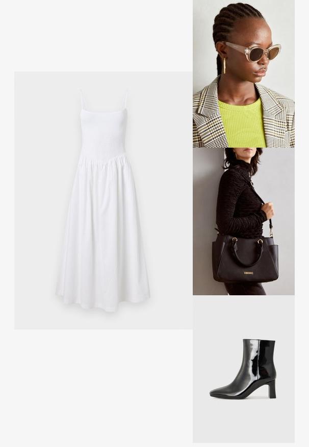 Robe d'été blanche avec un corsage froncé, des fines bretelles et une jupe évasée. Fabriquée dans un tissu léger, elle se distingue par son design simple et sans coutures.; Bottines en cuir verni noir avec un bout pointu et un talon block de hauteur moyenne. Texture lisse et design minimaliste.; Lunettes de soleil en forme d'œil de chat transparentes avec des verres marron. Modèle portant un haut côtelé vert et un blazer à carreaux. Boucles d'oreilles dorées en forme de créole.; Sac à main noir avec surface texturée, deux poignées supérieures et bandoulière réglable. Doté de quincaillerie dorée et de poches latérales.
