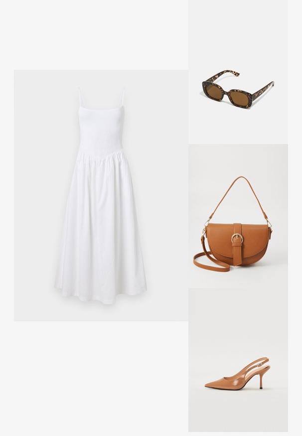 White sundress with a smocked bodice, thin straps, and a flared skirt. Made of light fabric, features a simple, seamless design.; Pointed toe slingback heel in a smooth, glossy tan material. Features a curved cutout design and a slender stiletto heel. Silver buckle detail.; Tortoiseshell sunglasses with a rounded, chunky frame and brown lenses. Features subtle patterns and straight, tapered arms.; Brown leather crossbody bag with a curved shape, gold hardware, and a buckle accent. Features a detachable shoulder strap.