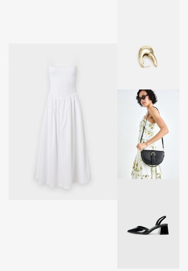 Abito bianco con corpino arricciato, spalline sottili e gonna svasata. Realizzato in tessuto leggero, presenta un design semplice e senza cuciture.; Décolleté in vernice nera con punta affusolata e tacco in geometria cubica. Presentano un design elegante e minimalista, con una texture liscia.; Borsa a tracolla nera in pelle con una forma curva, manico rimovibile e accessori dorati. La borsa presenta una patta con un dettaglio a fibbia.; Orecchino in metallo color oro con un design elegante e curvo. Presenta una forma appuntita distintiva, superficie lucida e chiusura a cerniera.