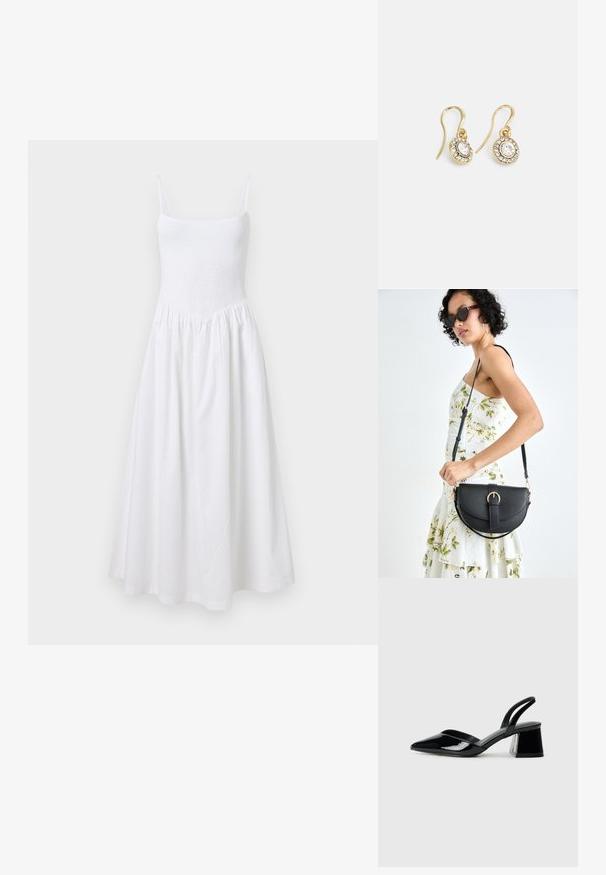 Valge päikesekleit volitatud bodiciga, õhukeste rihmadega ja laieneva seelikuga. Valmistatud kergest kangast, omab lihtsat ja sujuvat disaini.; Mustad musta lakknahk kingad, millel on terav varvas ja geomeetriline plokkkonts. Omab elegantselt minimalistlikku disaini ja sujuvat tekstuuri.; Mustmust mustraha kõverate joontega, eemaldatava rihmaga ja kuldsete detailidega. Kotil on klapp, millel on pandladetail.; Kuldtooni kõrvarõngad ovalikujuliste selgete kristallidega, mille ümber on väiksemad selged kivid, ja kaarvormiga disain, et tagada kindel kandmine.