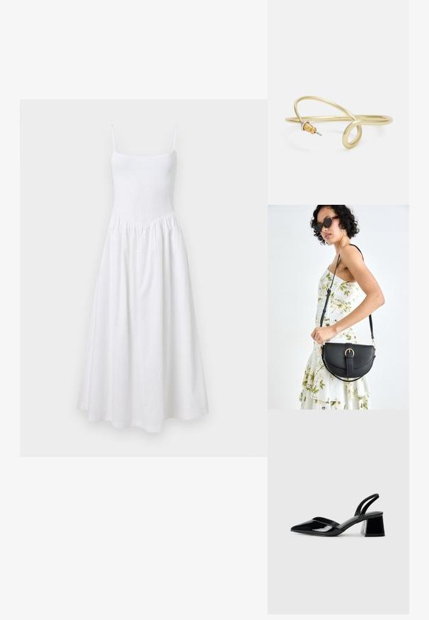 Vit sommardress med smockat liv, tunna axelband och utsvängd kjol. Tillverkad av lätt tyg, har en enkel, sömlös design.; Svarta lackläder slingback klackar med spetsig tå och geometrisk klack. Har en elegant, minimalistisk design och slät yta.; Svart läderhandväska med en böjd form, avtagbar rem och guldiga detaljer. Väskan har ett lock med en spänndetalj.; Guld-färgad metallarmband med ett mjukt, kurvigt mönster. Har en liten, framträdande silverfärgad accent i ena änden.