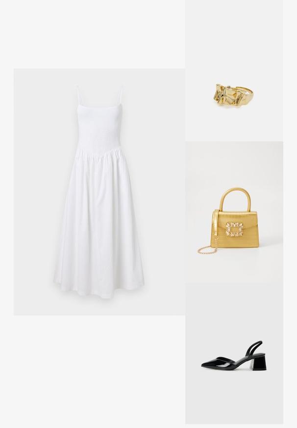 Weißes Sommerkleid mit gerafftem Oberteil, dünnen Trägern und ausgestellt Rock. Hergestellt aus leichtem Stoff, zeichnet es sich durch ein einfaches, nahtloses Design aus.; Schwarze Lackleder-Slingback-High Heels mit spitzem Schuh und einem geometrischen Blockabsatz. Verfügt über ein schlankes, minimalistisches Design und eine glatte Textur.; Gelbe Kunstleder-Handtasche im Krokodil-Look mit strukturiertem Design, Obergriff, abnehmbarem Kettenriemen und dekorativer Kristallverzierung am Verschluss.; Goldring mit strukturiertem, wellenförmigem Design, das drei markante Spitzen aufweist. Glatte, glänzende Oberfläche mit einem offenen Band für einen verstellbaren Sitz.