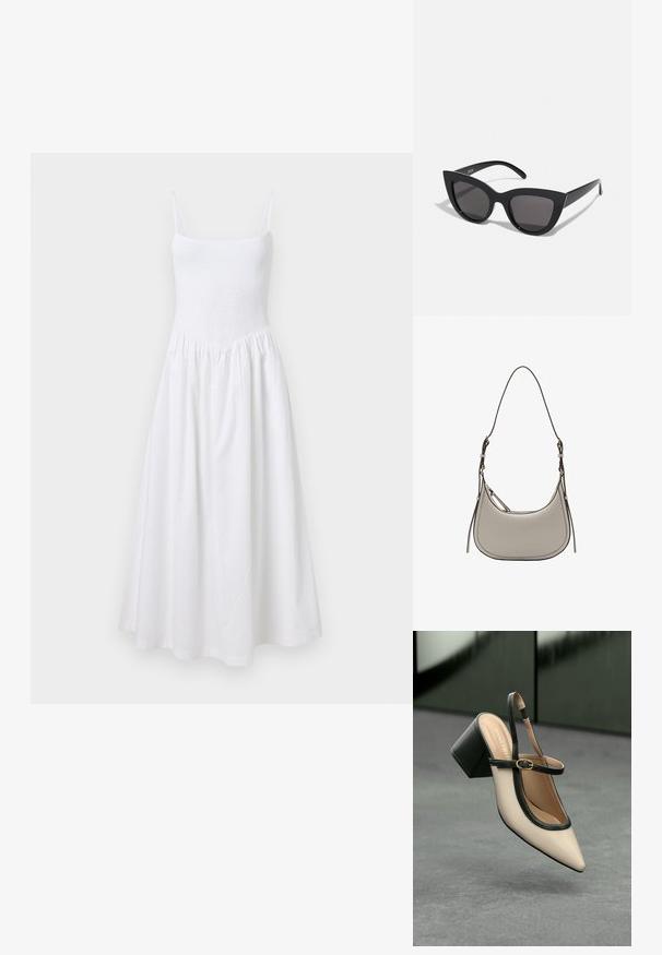 Weißes Sommerkleid mit gerafftem Oberteil, dünnen Trägern und ausgestellt Rock. Hergestellt aus leichtem Stoff, zeichnet es sich durch ein einfaches, nahtloses Design aus.; Beige Slingback-Schuh mit spitzer Zehenpartie, schwarzer Umrandung, goldener Schnalle und dicker Blockabsatz auf grauem Boden vor dunklem grünen Hintergrund.; Schwarze Cat-Eye-Sonnenbrille mit matter Oberfläche, grauen getönten Gläsern, scharfen Kanten und schlanken Bügeln. Der Markenname ist auf dem inneren Bügel sichtbar.; Mango Umhängetasche - off-white