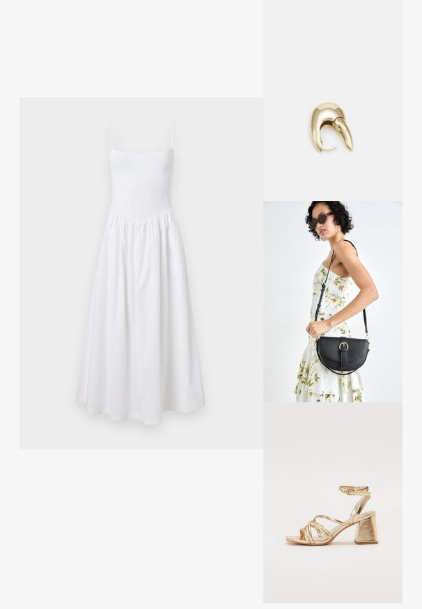Fehér nyári ruha smockolt melltartóval, vékony pántokkal és bővülő szoknyával. Könnyű anyagból készült, egyszerű, varrat nélküli kialakítással.; Arany fémes sarkú szandál, mely jellemzője a pántos dizájn, négyzet alakú blokk sarok és állítható bokaheveder csattal. Sima textúra.; Fekete bőrtáska ívelt formával, levehető pánttal és arany színű fémrészekkel. A táskán egy csattal díszített fedél található.; Aranyszínű fém fülbevaló, elegáns, ívelt formával. Különleges hegyes alak, fényes felszín és zsanéros záródás jellemzi.