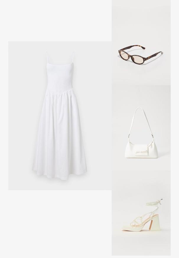 Vestido de verão branco com corpete franzido, alças finas e saia evasê. Feito de um tecido leve, apresenta um design simples e sem costuras.; Sandálias brancas de salto alto com um salto robusto, apresentando um design com tiras e amarração no tornozelo. Textura suave com uma plataforma na frente para altura adicional.; Óculos de sol em padrão tartaruga com formato arredondado e lentes claras. Apresentam hastes robustas com pequenos detalhes em dourado, feitos de material plástico.; Mala sintética branca com formato triangular, aba frontal plana e detalhe de laço, alça ajustável, textura suave e design minimalista.
