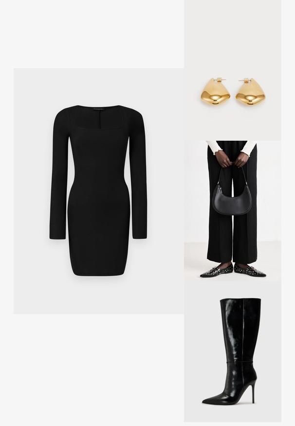 Črna dolga obleka s dolgimi rokavi, izdelana iz rebraste tkanine, z kvadratnim izrezom in prilegnjeno silhueto, dolžine do sredine stegna.; Črne usnjene škornje do kolen s koničastim nosom in visokim stiletto peto. Gladka tekstura in eleganten dizajn, ki vključuje minimalne detajle.; Črna usnjena torba za ramo z zaokroženo obliko, sijajno površino in srebrnimi dodatki. Oseba nosi črne široke hlače in loaferje s konicami.; Zlato obarvani kovinski uhani z gladko, zaobljeno trikotno obliko in zasnovo s pritrditvijo na zadnji strani; odbojna površina z minimalnim detajliranjem.