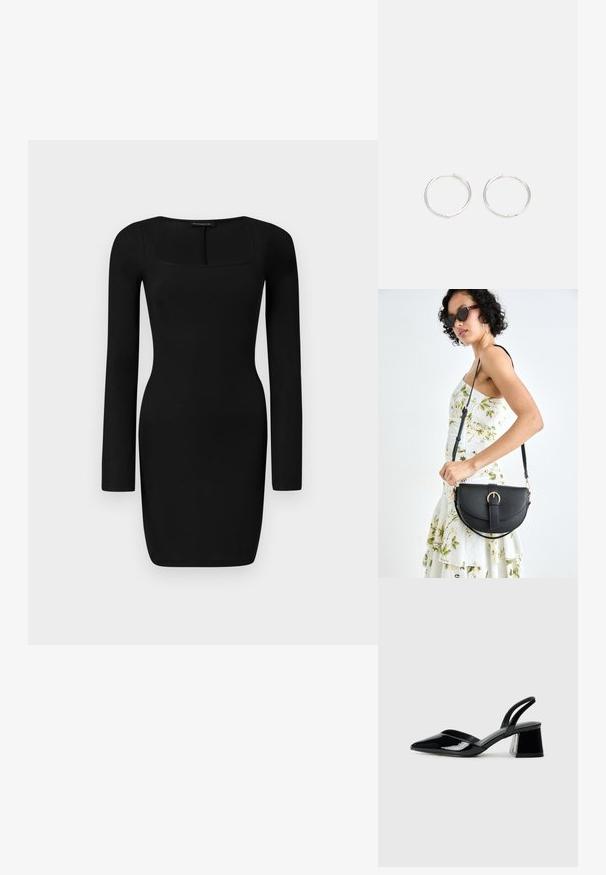 Črna dolga obleka s dolgimi rokavi, izdelana iz rebraste tkanine, z kvadratnim izrezom in prilegnjeno silhueto, dolžine do sredine stegna.; Črne lakirane slingback pete s koničastim nosom in geometrijsko blokasto peto. Imajo eleganten, minimalističen dizajn in gladko teksturo.; Črna usnjena torbica s ukrivljeno obliko, z odstranljivo naramnico in zlatimi dodatki. Torbica ima pokrov s podrobnostmi v obliki zaponke.; Srebrne kroglice z elegantnim, okroglim oblikovanjem, z gladko površino in brez vidnih okrasnih elementov. Premer ni določen.