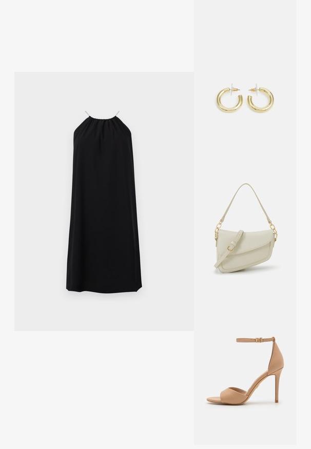 Fekete pánt nélküli ruha laza szabásban, ráncolt nyakkivágással és vékony pántokkal. Simább anyagból készült, folyékony textúrával.; ALDO CRERIDE PILLOW WALK - Szandálok - beige; Kis krémszínű táska texturált felülettel, hosszú, állítható pánttal, láncos díszítéssel és fedéllel záródik. Aranyszínű fém részletek.; Arany fülbevalók sima, fényes felülettel. Kör alakú dizájn, amely kis kapoccsal és átlátszó tartozékkal rendelkezik a biztonságos viselés érdekében.
