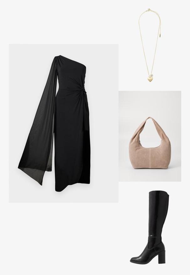 Čierne šaty s jedným ramienkom a uzlovým detailom v oblasti pásu, s voľne splývajúcou priesvitnou rukávom. Vyrobené z hladkej, ľahkej látky so rovnými líniami.; Čierne lesklé čižmy s vysokým podpätkom s okrúhlou špičkou, hladkou textúrou, bočným výrezom a robustným zloženým podpätkom.; Hobo taška z mäkkej semišovej látky v svetlej béžovej farbe. Má zaoblený tvar s širokým popruhom a zipsovým uzáverom.; Zlatý náhrdelník s jemným reťazcom, veľkým matným srdcovým príveskom a menším trblietavým srdiečkom pripevneným k nemu.