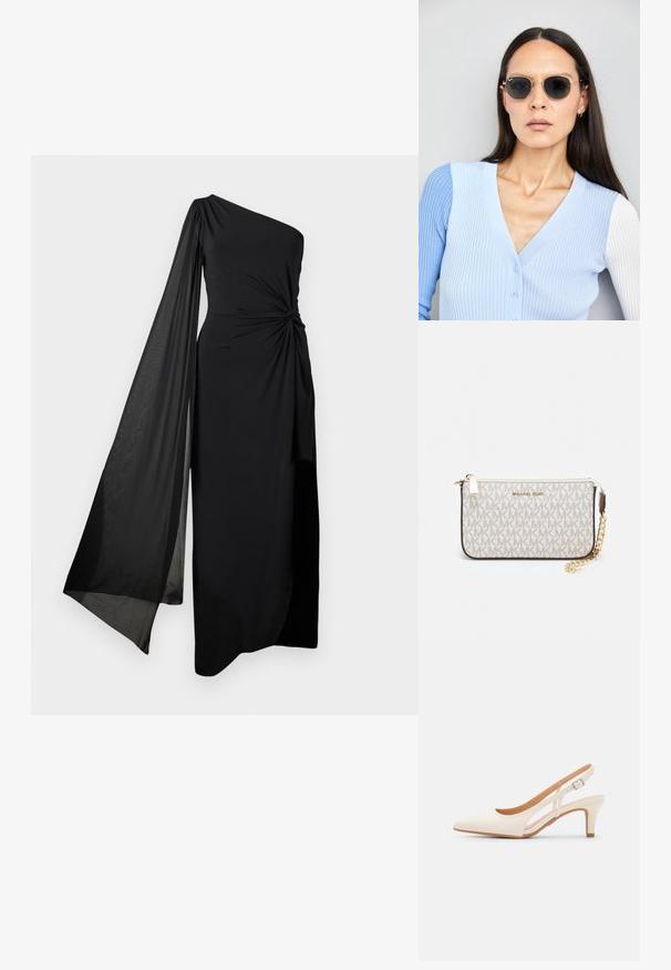 Üks õlg must kleit sõlmedeta. Paistab voolava, õhukese varrukaga. Valmistatud siledast ja kerge kangast, sirge disainiga.; Valge slingback konts, terava ninaga, siledast ülemisest materjalist, madala ploki kontsaga ja külgse nähtavusega ning reguleeritava pandla rihmaga.; Ringikujulised prillid tumedate läätsede ja kullast raamiga. Mudel on selga pannud helesinise soonikuga kardigani, millel on nupud ja kontrastsed valged varrukad.; Michael Korsi randmevõru beige kaetud kangast, millel on korduv MK logo muster, kuldne riistvara ja eemaldatav ahelistrap.