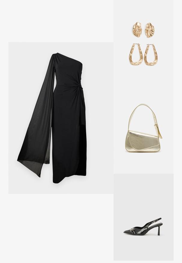 Félvállas fekete ruha, csomózott derék részlettel és lebegő átlátszó ujjakkal. Simíts, könnyű anyagból készült, egyenes szabással.; Fekete lakk bőr, hegyes orrú slingback cipő, boka pántokkal, ezüst csatokkal és hardverelemekkel, valamint karcsú sarkú.; Arany fémes kézi táska, strukturált dizájnnal, sima felülettel és állítható pánttal. Egyedi háromszög alakú, minimalistának mondható varrásokkal rendelkezik.; Aranyszínű fülbevalók, texturált, hullámos formákkal. Tartalmazza a szobrászati klipszes studokat és az open hoop kialakítást, kalapácsos felülettel.