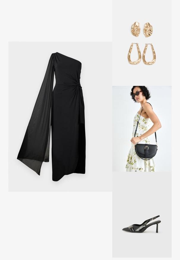 Crna haljina s jednim ramenom, s čvorastim detaljem u struku i lepršavim prozirnim rukavom. Izrađena od glatkog, laganog materijala s ravnim krojem.; Crna lakirana slingback cipela s izduženim vrhom, remenčićima oko gležnja s srebrnim kopčama i dijelovima, te vitkim potplatom.; Crna kožna torba s lukovitim oblikom, odvojivim remenom i zlatnim detaljima. Torba ima preklop s kopčom.; Naušnice zlatne boje s teksturiranim, valovitim oblicima. Uključuju skulpturalne kopče i dizajn otvorene kružnice s kovanom završnom obradom.