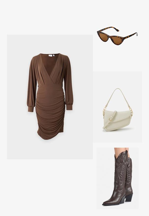 Vestido castanho feito de tecido suave, com um decote em V profundo, mangas longas e textura franzida de lado, apresentando uma silhueta ajustada.; Botas de cowboy em couro castanho com bico pontudo e salto quadrado, apresentando costuras detalhadas e realces elevados no cano.; Óculos de sol estilo gato com uma armação em tartaruga preta e laranja, lentes castanhas e pontas elegantes e pontiagudas. Apresenta um logo minimalista na haste.; Pequena bolsa de creme com um acabamento texturizado, uma alça longa ajustável, um detalhe em corrente e um fecho de aba. Detalhes em hardware dourado.