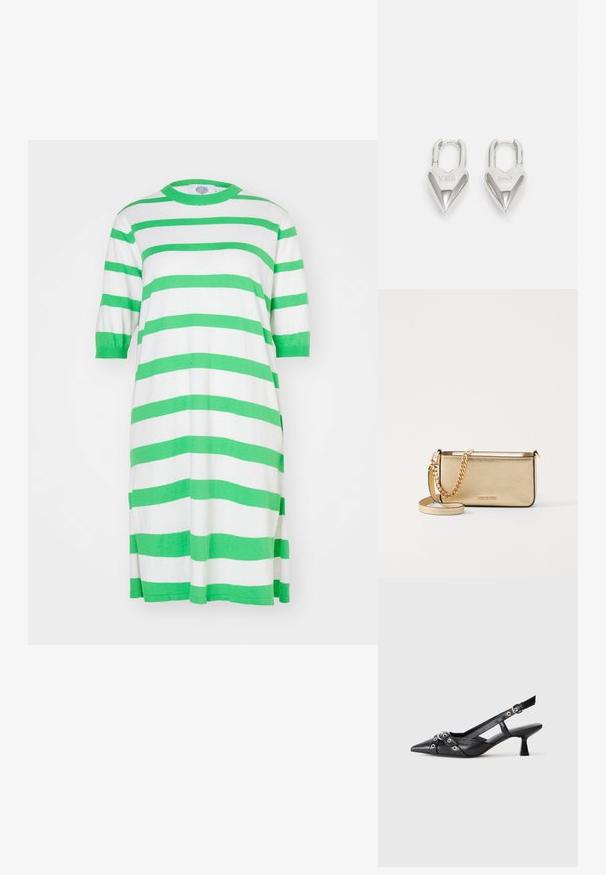 Abito a t-shirt a righe verdi e bianche con collo rotondo, maniche corte e spacchi laterali. Realizzato in un tessuto morbido e leggero.; Scarpa slingback nera in pelle con punta affusolata, cinturini decorativi con occhielli metallici e tacco basso a blocco. Superficie testurizzata.; Clutch in pelle oro metallizzato con finitura testurizzata, dotata di una tracolla in catena dorata e di una tracolla rimovibile. Logo del marchio impresso.; Lucchetti a forma di cuore in argento con incisioni "SÌ" e "NO", finitura lucida, design simmetrico e un robusto gancio in metallo.