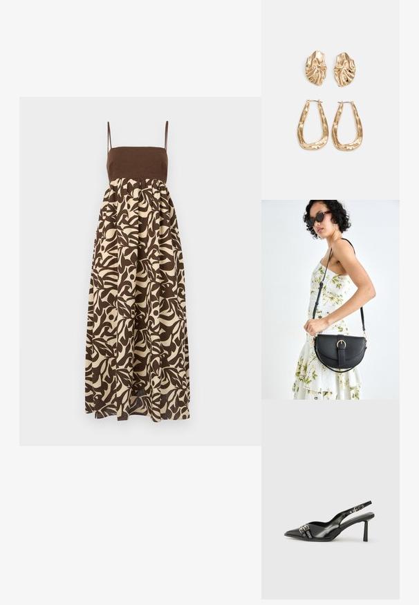 Rjav in off-white maxi obleka s potiskom, z oprijetim zgornjim delom, tankimi trakovi in razširjenim krilom, okrašena s organskimi motivi listov.; Črne patentne usnjene sandale s koničastim nosom, zankami okoli gležnja s srebrnimi sponkami in opremo ter vitkimi petami.; Črna usnjena torbica s ukrivljeno obliko, z odstranljivo naramnico in zlatimi dodatki. Torbica ima pokrov s podrobnostmi v obliki zaponke.; Zlato obarvani uhani z teksturiranimi, valovitimi oblikami. Vključujejo skulpturalne sponke za ušesa in odprto obliko obročka s kladivastim finišem.