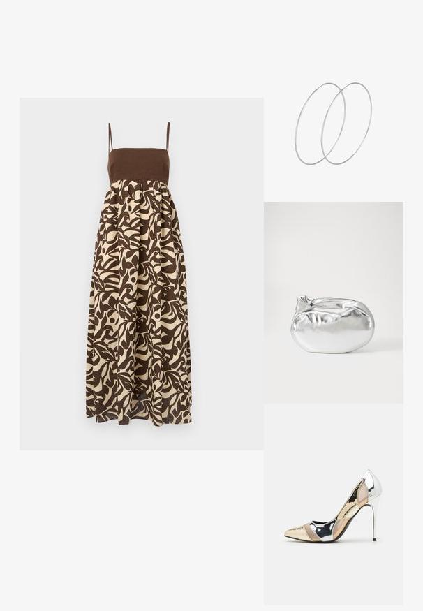 Hnědo-béžové tištěné maxi šaty s přiléhavým vrškem, tenkými ramínky a rozšířenou sukní zdobenou přírodními vzory listů.; Lodička s špičatou špičkou a kombinací stříbrné, zlaté a tělové barvy. Lesklý povrch s vykrojeným designem, s jehlovým podpatkem.; Stříbrná kovová taška s měkkým, zaobleným tvarem a uzávěrem s uzlem. Vyrobena z hladké umělé kůže.; Stříbrné kruhové náušnice s minimalistickým designem. Kruh, hladký povrch a tenký profil. Lehká konstrukce s lesklým povrchem.