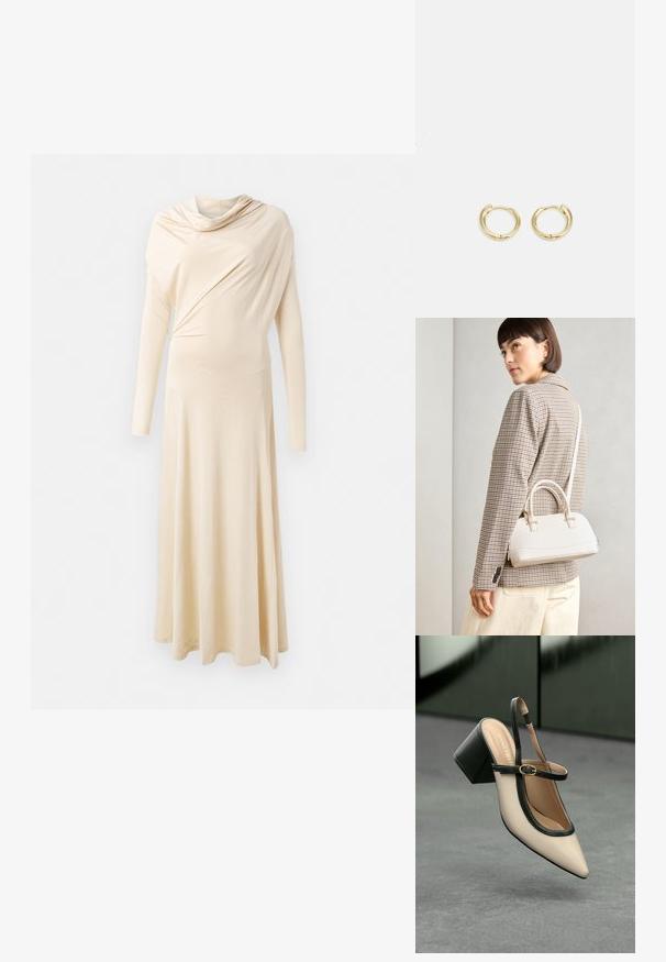 Beige obleka z dolgimi rokavi, izdelana iz mehke, drapirane tkanine. Ima ovratnik v obliki kapuce in tekočo silhueto, ki sega do tal.; Bežna slingback čevlja z uskim sprednjim delom, črnimi detajli, zlatim zaponko in debelim blokovskim peto na sivi tleh s temno zeleno ozadje.; Bela strukturirana torba z kratkimi ročaji in naramnim trakom, z zlatimi okrasnimi elementi in teksturiranim materialom, prikazana na sivi podlagi.; Zlate uhane v obliki obroča z gladkim, zaobljenim dizajnom. Imajo majhen zatič za zapiranje, težijo k lahkemu izgleda in imajo polirano površino.