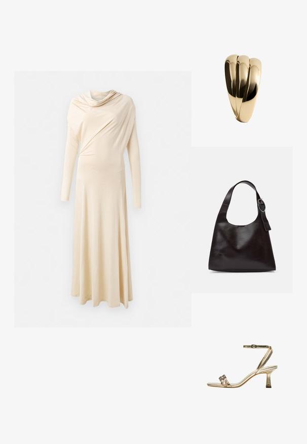 Rochie bej cu mâneci lungi, dintr-un material moale, drapat. Prezintă un guler tip cowl și o siluetă fluidă care se întinde până la podea.; Sandală aurie metalică cu toc înalt, curea la gleznă, două benzi înguste în față și toc pătrat. Are embellishments decorative.; Geantă de umăr din piele maro, cu o textură netedă, formă rotunjită, curea largă și un accent metallic circular pe mânere.; Mango Brăţară - gold-coloured