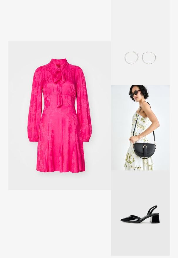 Robe florale rose avec des manches longues, un col montant et un détail de nœud au cou. Fabriquée en tissu brillant avec une jupe évasée.; Escarpins en cuir verni noir avec bout pointu et talon bloc géométrique. Présente un design élégant et minimaliste ainsi qu'une texture lisse.; Sac à main en cuir noir avec une forme courbée, bandoulière amovible et des accessoires en or. Le sac est doté d'un rabat avec un détail de boucle.; Boucles d'oreilles en argent avec un design rond et épuré, présentant une surface lisse et sans embellissements visibles. Diamètre non spécifié.