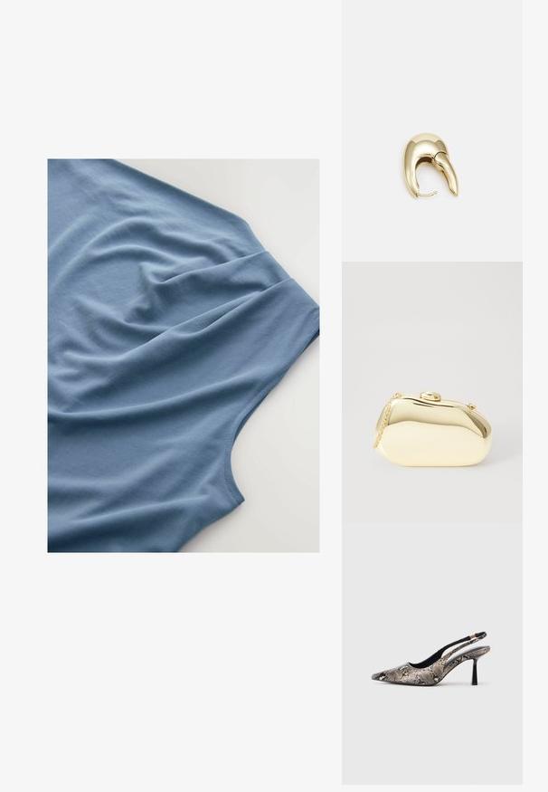 Camiseta azul vista desde arriba, con una tela suave de textura lisa, pliegues drapeados y un escote redondeado.; Zapatos slingback de punta afilada fabricados con un material de estampado de serpiente texturizado, con un delgado tacón negro y un diseño recortado en los laterales.; Clutch metálico dorado con una forma suave y redondeada, que presenta un cierre de botón en la parte superior y una pequeña correa de cadena para llevar.; Pendiente de metal en tono dorado con un diseño elegante y curvado. Presenta una forma puntiaguda distintiva, superficie pulida y cierre de bisagra.