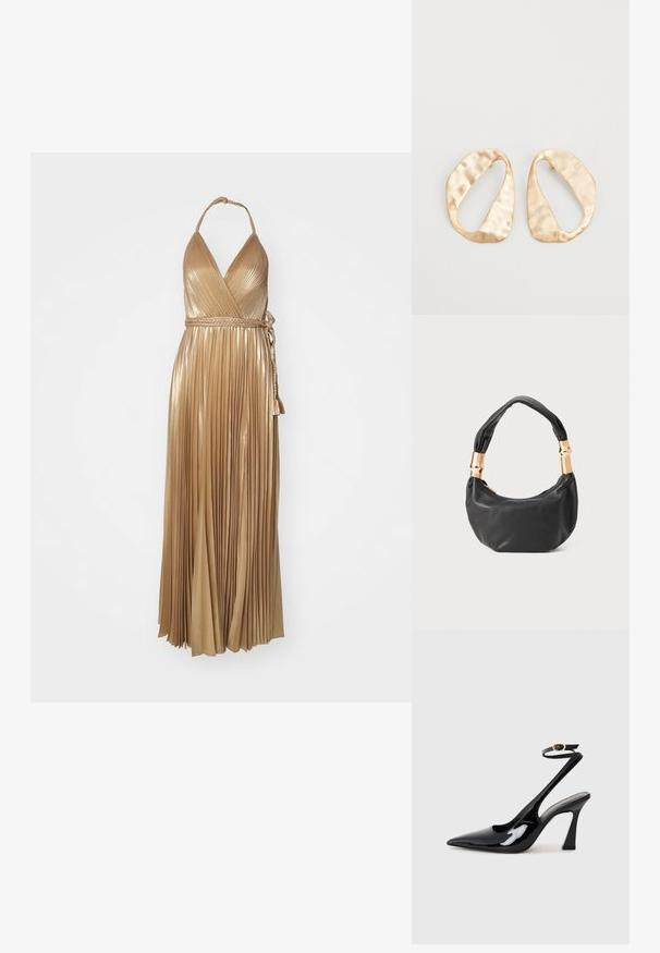 Alice + Olivia TRESA DRESS SLIT - Společenské šaty - gold; Černé lakované kožené lodičky na pásku s špičatou špičkou, nastavitelným páskem kolem kotníku a mírným blokovým podpatkem. Hladký povrch s lesklým finišem.; Černá kožená kabelka s kulatým tvarem, měkkou texturou a uzlovou rukojetí se zlatými kovovými detaily. Zapínání na zip.; Pár nepravidelných oválných náušnic z kovu pozlaceného zlatem s texturovaným, mírně kladivkovým povrchem na bílém pozadí.