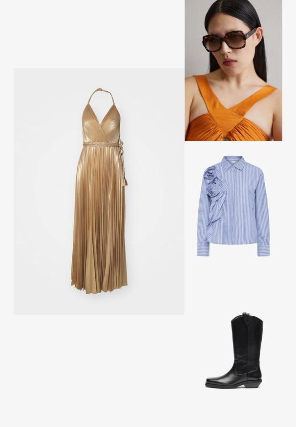 Alice + Olivia TRESA DRESS SLIT - Společenské šaty - gold; Modrá a bílá pruhovaná košile s volánkovým designem a látkovými růžemi na levém rameni, zapínání na knoflíky. Dlouhé rukávy.; Černé kožené kovbojské boty po lýtka s špičatou špičkou, šikmým podpatkem, poutkem nahoře a minimálním dekorativním šitím.; Hnědé želvovinové sluneční brýle v oversize stylu s širokým obdélníkovým rámem a gradientními skly. Zlatý logo detail na boku.