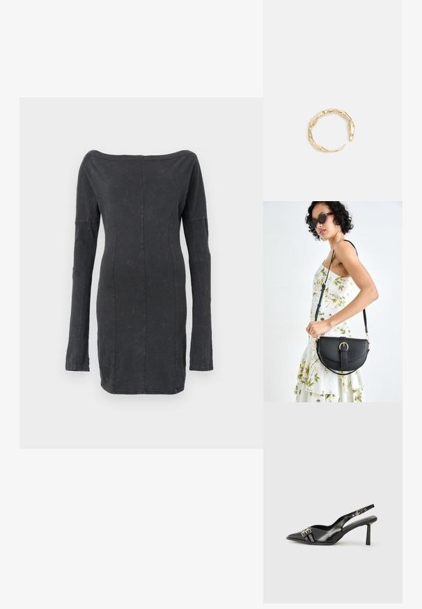 Musta, vartalonmyötäinen hihaton mekko pitkillä hihoilla, jonka pinnassa on sileä rakenne ja hienovarainen kiilto, sekä muotoiltuja saumoja kauttaaltaan.; Musta patenttinen nahkainen slingback-kengät, joissa on terävä nenä, nilkkahihnat hopeisilla soljilla ja varusteilla sekä hoikka korko.; Musta nahkainen käsilaukku, joka on kaareva muotoilultaan, irrotettavalla hihnalla ja kultaisilla yksityiskohdilla. Laukussa on läppä, jossa on solk yksityiskohta.; Kultaketju, jossa on orgaaninen, kierretty muotoilu, sileä pinta ja cappatut päät, luoden modernin, veistoksellisen ilmeen.