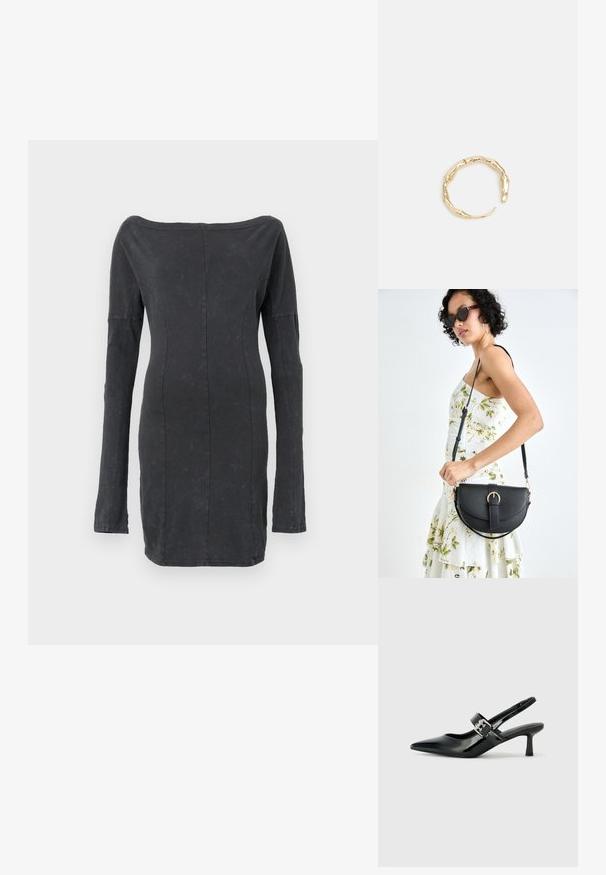 Črna, prilagojena obleka brez naramnic z dolgimi rokavi, ima gladko teksturo in rahlo sijoč videz, z oblikovanimi šivi po celotni dolžini.; Črne patent usnjene slingback pete s koničastim nosom in majhnim blok peto, ki vključujejo srebrno zaponko na traku.; Črna usnjena torbica s ukrivljeno obliko, z odstranljivo naramnico in zlatimi dodatki. Torbica ima pokrov s podrobnostmi v obliki zaponke.; Zlati prstan s organskim, zvitim dizajnom, gladko površino in taperiranimi konci, ki ustvarja modernega, skulpturalnega videza.
