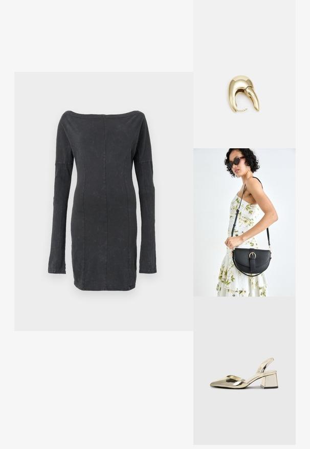 Svart, åtsittande klänning med avskuren axel och långa ärmar, har en slät yta och subtil lyster, skräddarsydda sömdetaljer genom hela plagget.; Guld, metalliska slingback-klackar med spetsig tå och chunky klack. Slät textur, minimalistisk design och en smal rem.; Svart läderhandväska med en böjd form, avtagbar rem och guldiga detaljer. Väskan har ett lock med en spänndetalj.; Örhänge i guldtonad metall med en elegant, böjd design. Har en distinkt spetsig form, polerad yta och gångjärnslås.