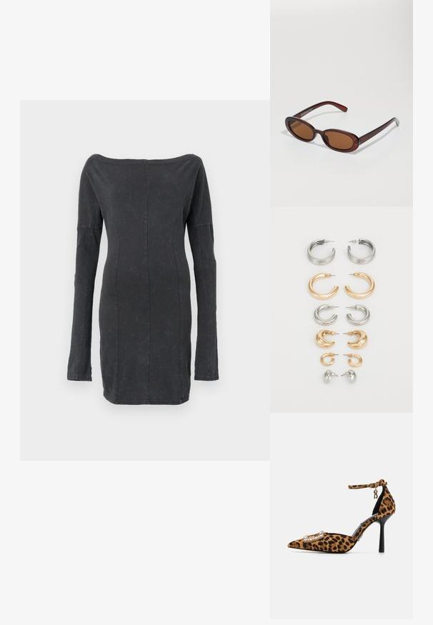 Must have keha õlgadelt avatud must kleit, millel on pikad varrukad, sile tekstuur ja õrn sära, elegantne õmbluste detailide disain.; Leopardi trükkiga kõrged kontsad, terava ninaga, sametise tekstuuriga, pahkluu rihmaga ja kristallidega kaunistatud pandlaga. Must stiletto konts.; Ümar, pruunikased päikeseprillid läikiva burgundia raami ja peente kaubamärgi detailidega. Peened sangad ja lame läätsedesain.; Kaheksa metallist kõrvarõngaste komplekt hõbedaste ja kuldsete tonalite. Sisaldab erinevaid rõngaste stiile, tekstuure ja viimistlusi, korraldatud suuruse järgi.