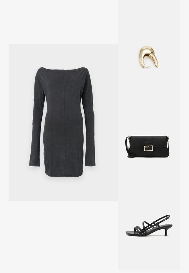 Melnas, pieguļošas kleitas bez pleciem ar garām piedurknēm, izceļas ar gludu tekstūru un smalku spīdumu, izšūti vīļu elementi visā kleitā.; Melni papēžu sandales ar vairākiem krustveida siksnām. Gluda materiāla, norādīta purngala un šaura papēža. Regulējama potītes siksna ar sprādzīti.; Melnas ādas saķeres soma ar atloku un zelta metāla sprādzi. Ietver melnu siksnu un elegantu, minimālistisku dizainu.; Zeltīti metāla auskari ar gludu, izliekta dizaina. Ar atšķirīgu smailu formu, pulētu virsmu un eņģu aizdari.