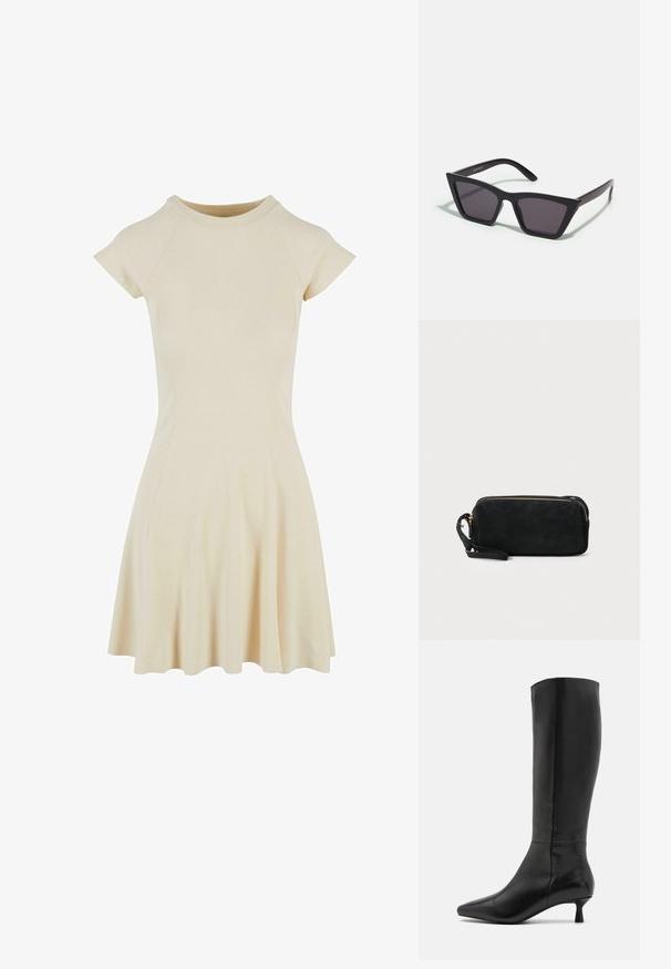 Krema krēmveida kleita ar pieguļošu ķermeni, īsām raglan piedurknēm un izpletīgu svārku. Gluda tekstūra un vienkāršs, noapaļots apkakles dizains.; Zign Zābaki - black; Melni, stūrveida saulesbrilles ar pelēkiem objektīviem; izgatavotas no plastmasas, ar biezām kājām, kam ir gluda virsma un nav redzamu stiprinājumu.; Melnas zamšādas gēlu somiņa ar rāvējslēdzēju un noņemamu plaukstas siksniņu. Ar zelta tonis aparatūru un gludu, matētu tekstūru.