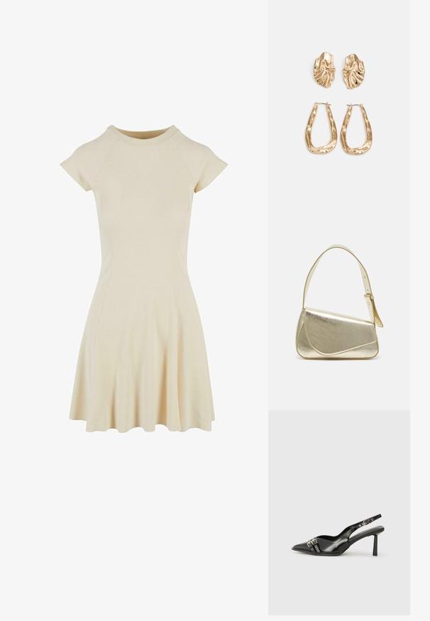 Crème kleurige geribbelde jurk met een aansluitende lijfje, korte raglanmouwen en een uitlopende rok. Gladde textuur en eenvoudige, ronde halslijn.; Zwarte gepolijste leren slingback schoenen met een puntige neus, enkelbandjes met zilveren gespen en hardware, en een slanke hak.; Gouden metallic handtas met een gestructureerd ontwerp, gladde textuur en verstelbare schouderband. Kenmerkt zich door een unieke driehoekige vorm en minimalistische stiksels.; Gouden oorbellen met een getextureerd, golvend ontwerp. Bevat sculpturale clip-on studs en een open ringontwerp met een gehamerd oppervlak.
