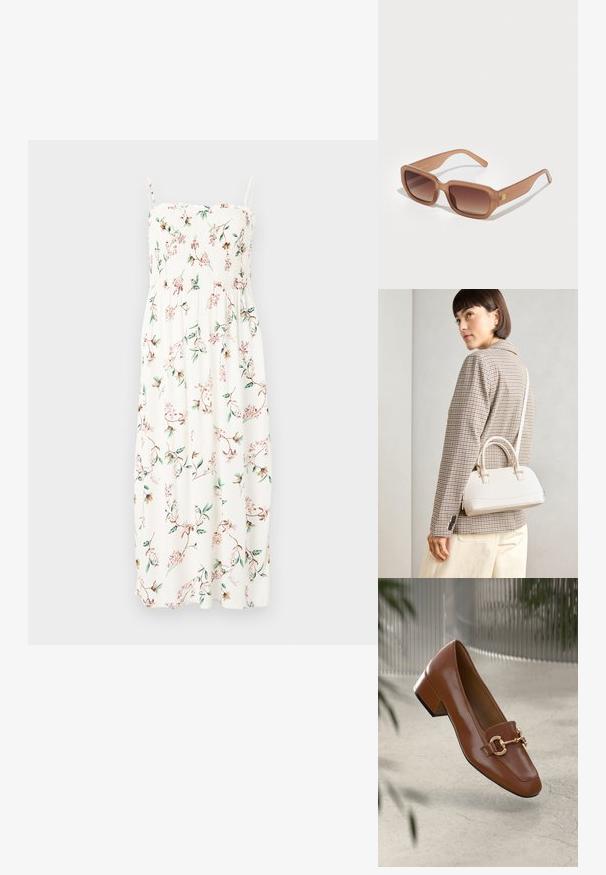 Rochie maxi cu bretele subțiri și imprimeu floral, cu un bust elastic; prezintă flori verzi și roz pe un fundal alb. Material moale și ușor.; Mocasini din piele patent cafenie, cu vârf pătrat, accent cu lanț metalic și toc mic; textură netedă, design minimalist.; Ochelari de soare dreptunghiulari maro cu lentile graduarate, rame groase și un detaliu cu logo pe lateral. Material plastic neted, design minimalist.; Geantă structurată albă, cu mânere scurte și curea de umăr, având accente din metal aurit și material texturat, expusă pe un fundal gri.