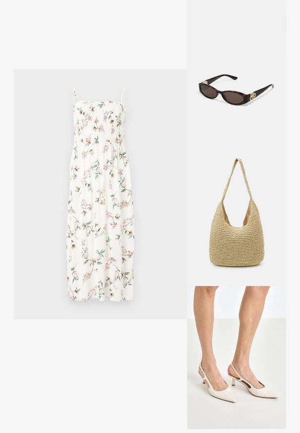 Gėlių rašto maksi suknelė su spaghetti petnešėlėmis, su sustiprintu liemeniu; turi žalių ir rožinių gėlių ant baltos medžiagos fono. Minkšta ir lengva medžiaga.; Šviesiai pilkos, lakuotos odos slingback aukštakulniai su smailiu noseliu ir 5 cm kulnu, su išpjovomis šonuose ir plona kulkšnies juostele.; Tortoise kiaurinių saulės akinių su pailgomis ovalo formos lęšiais, rudos spalvos atspalviu, auksinėmis logotipo detalėmis ant šakelių ir elegantiškais juodais rankenėlėmis.; Austintas pintas šiaudinis maišas šviesiai béžinės spalvos, su išlenktu peties diržu ir erdviu, atviru viršumi bei tekstūruota paviršiumi.