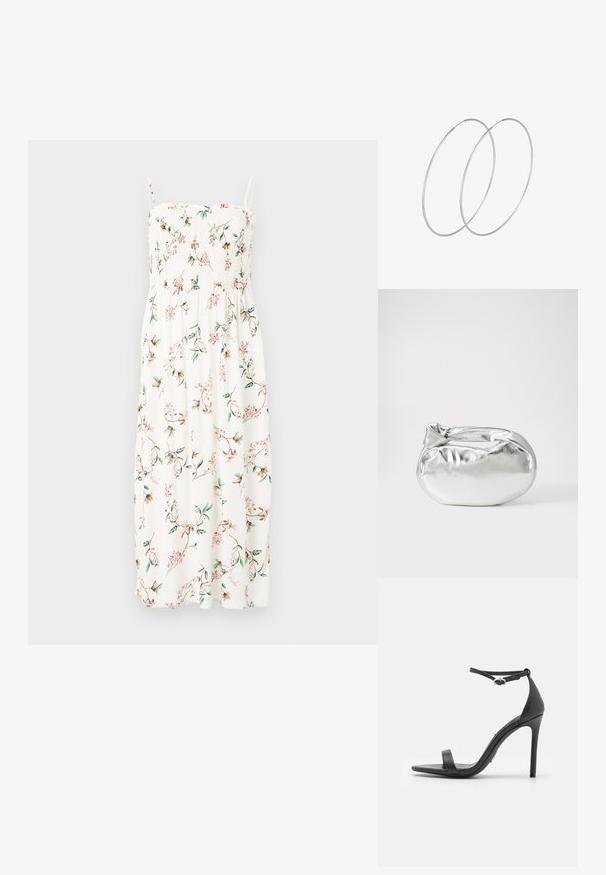 Cveča oblečena maxi obleka s tankimi naramnicami in nabranim korzetom; vsebuje zelene in rožnate cvetove na beli tkanini. Mehak in lahko prijeten material.; Črne sandale s peto, odprte spredaj, s tankimi trakovi in zaponko okoli gležnja. Gladka usnjena tekstura z obliko koničastega prsta.; Srebrna kovinska torbica z mehko, zaobljeno obliko in zavezano zgornjo zaporo. Narejena iz gladkega umetnega usnja.; Srebrne uhane v obliki obroča z minimalističnim dizajnom. Krožna oblika, gladka tekstura in tanek profil. Lahki s poliranim zaključkom.