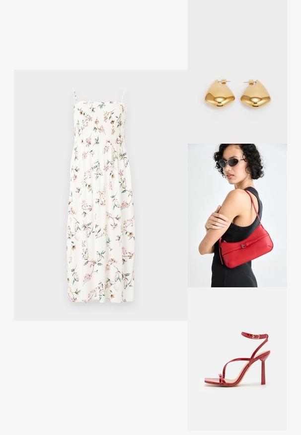 Gėlių rašto maksi suknelė su spaghetti petnešėlėmis, su sustiprintu liemeniu; turi žalių ir rožinių gėlių ant baltos medžiagos fono. Minkšta ir lengva medžiaga.; ALDO SCINTILLA - Aukštakulniai sandalai - red; Raudona odinė petinė rankinė su lygia tekstūra, išlenktu dizainu ir dekoratyvine sagtimi. Reguliuojama petneša ir užtrauktukas.; Auksinės metalinės auskarai su lygia, suapvalinta trikampio forma ir užsegimu; blizgus paviršius su minimaliais dekoratyviniais elementais.