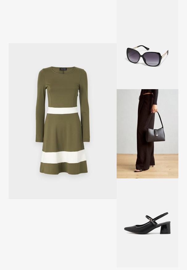 Zielona oliwkowa sukienka z długim rękawem, z białym poziomym paskiem w talii i u dołu. Wykonana z gładkiego, elastycznego materiału. Okrągły dekolt.; Czarne lakierowane czółenka na słupku ze spiczastym noskiem, lekko zaokrąglonym wycięciem i obcasem w kształcie bloku. Posiadają złotą klamrę jako akcent dekoracyjny.; Czarne oversize okulary przeciwsłoneczne z gradientowymi soczewkami, grubymi oprawkami i złotym łańcuszkiem na ramionach.; Czarna torebka o usztywnionym kształcie, gładkiej fakturze i metalowym zapięciem. Połączona z szerokimi czarnymi spodniami i sandałami na otwartym palcu na drewnianej podłodze.