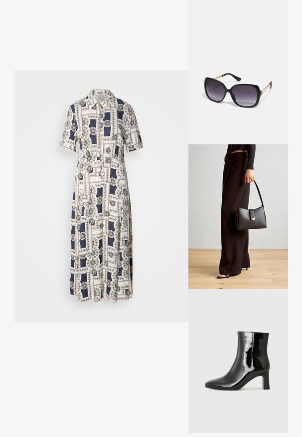 Un abito a maniche corte, lungo fino al ginocchio, caratterizzato da un motivo geometrico in navy e crema, con bottoni e un collo classico. Tessuto leggero.; Stivaletto in pelle verniciata nera con punta a punta e tacco a blocco di altezza media. Texture liscia e design minimalista.; Occhiali da sole neri oversize con lenti sfumate, montatura spessa e dettagli in catena dorata sulle astine.; Borsa nera con forma strutturata, texture liscia e una chiusura metallica. Abbinata a pantaloni neri larghi e sandali open-toe su un pavimento in legno.