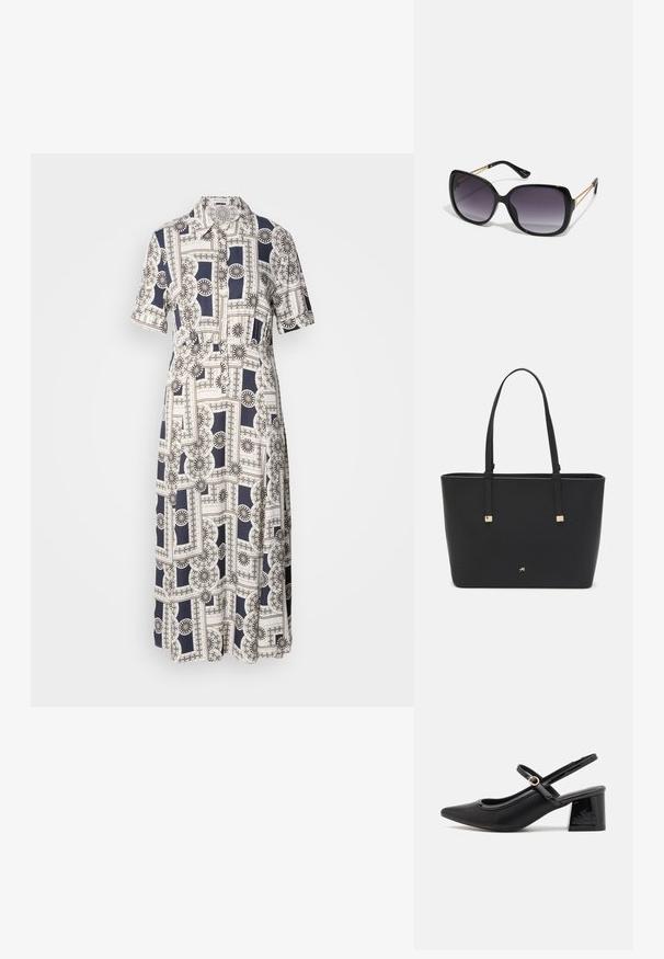 Un abito a maniche corte, lungo fino al ginocchio, caratterizzato da un motivo geometrico in navy e crema, con bottoni e un collo classico. Tessuto leggero.; Décolleté in vernice nera con cinturino dietro, punta affusolata, design con ritagli arrotondati e tacco a blocco. Presenta un accento di fibbia tono oro.; Occhiali da sole neri oversize con lenti sfumate, montatura spessa e dettagli in catena dorata sulle astine.; Borsa a tracolla nera in materiale sintetico, con un design rettangolare semplice, dettagli quadri dorati e doppi manici.