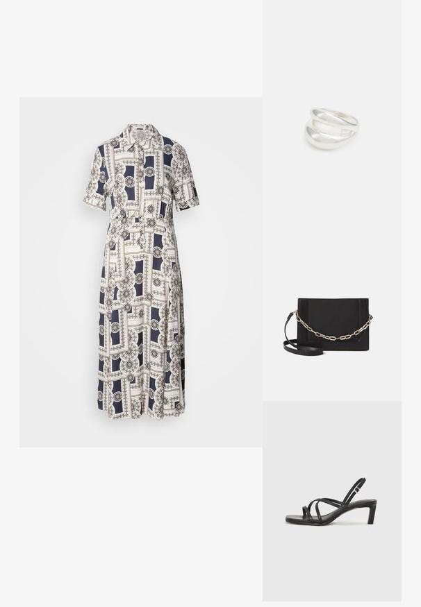 Sukienka z krótkim rękawem, sięgająca do kolan, z geometrycznym wzorem w granacie i kremie, z guzikami i kołnierzykiem. Lekki materiał.; Czarne sandały na obcasie z prostokątnym noskiem i niskim słupkowym obcasem. Posiadają wiele cienkich pasków i regulowany pasek na kostkę. Wykonane z gładkiej skóry.; Czarna skórzana torebka typu crossbody z gładką teksturą, prostokątnym kształtem oraz metalowym detalem w postaci łańcuszka z przodu. W zestawie regulowany pasek.; Srebrna obrączka podwójna z gładką, polerowaną powierzchnią. Posiada płynny, zakrzywiony kształt z nakładającymi się sekcjami, co nadaje nowoczesny wygląd.