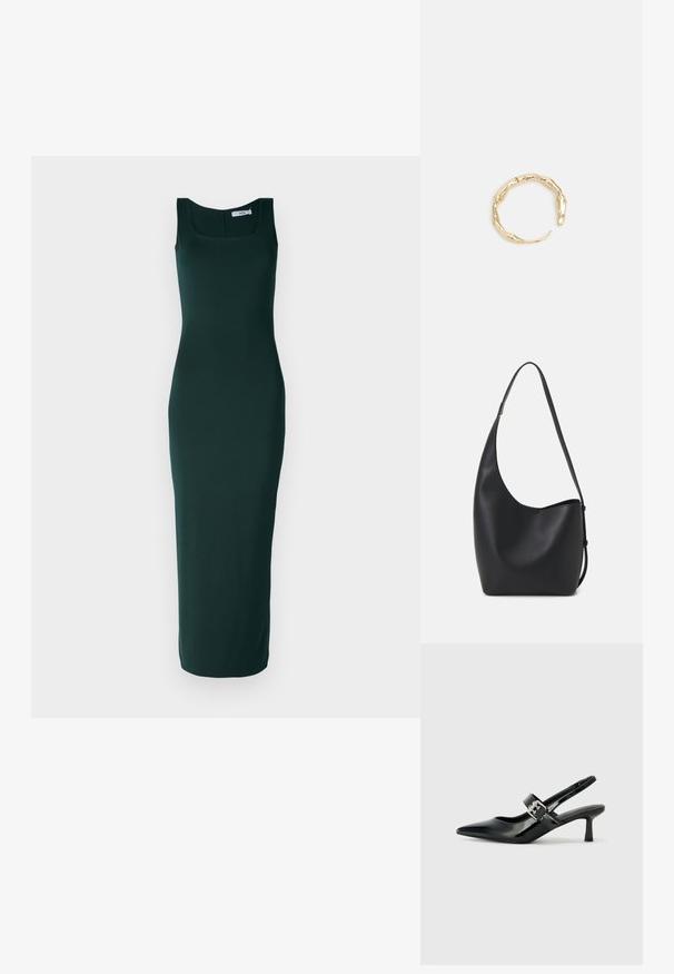 Prigludusi, be rankovių suknelė tamsiai žaliai spalvą. Kvadratinis iškirpimas, lygus audinys ir kulkšnies ilgio dizainas.; Juodai lakuoti slingback aukštakulniai su smailiu kojų pirštu ir mažais blokiniais kulniukais, su sidabro sagtimi ant dirželio.; Juodas odinis hobo maišas su lygiu paviršiumi, kreipta forma ir viena reguliuojama rankena; turi platų atidarymą viršuje.; Auksinės spalvos žiedas, turintis organišką, sukimosi dizainą su lygiu paviršiumi ir siaurėjančiais galais, sukuriantis modernią skulptūrinę išvaizdą.