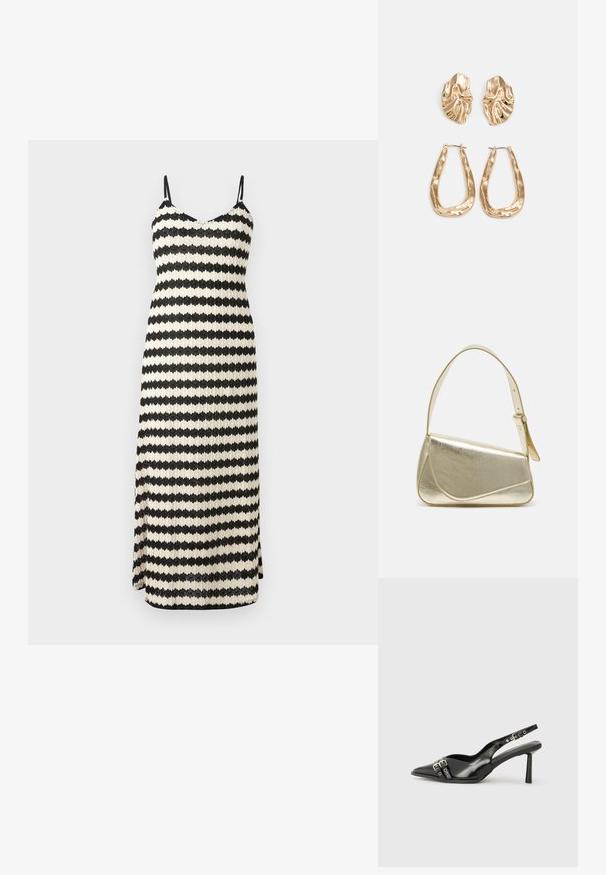 Juoda ir kremine dryžuota maksi suknelė su plonais petnešomis, V formos iškirpte ir šoniniu įpjovimu. Pagaminta iš tekstūruotos medžiagos, turinti prigludusią siluetą.; Juodas lakuotas odinis batelis su smailiu pirštu, kulkšnies dirželiais su sidabrinėmis sagtimis ir detalėmis, bei plonu kulnu.; Aukso metalinės rankinės su struktūrizuotu dizainu, lygaus paviršiaus ir reguliuojama dirželiu. Pasižymi unikaliu trikampiu pavidalu ir minimalizmu siuvinėjime.; Auksinės auskarai, turintys tekstūruotus, bangų formos elementus. Įeina skulptūriniai segami auskarai ir atviri lankai su išmuštu paviršiumi.