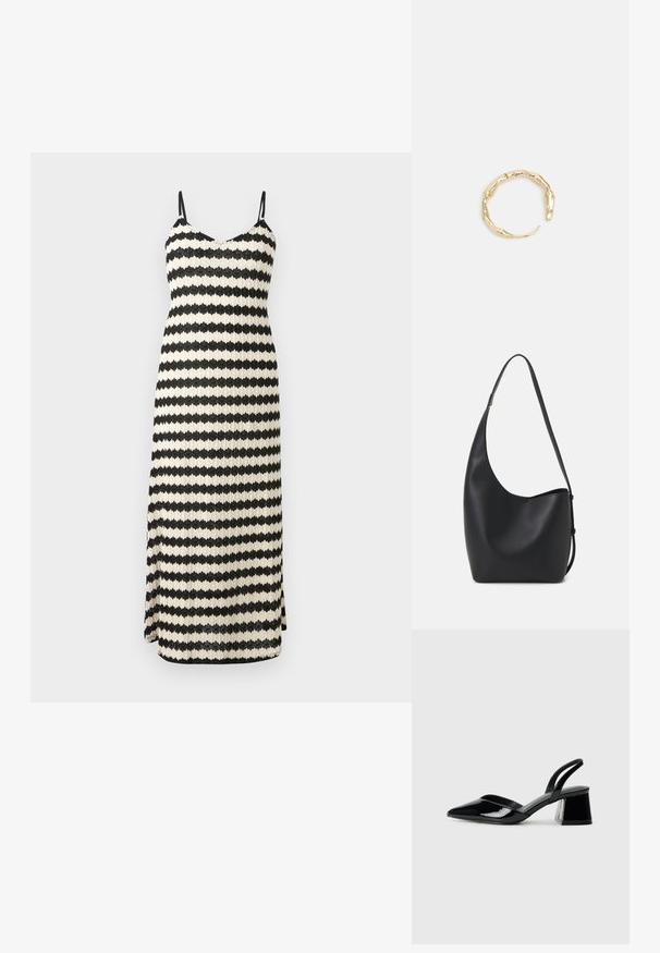 Čierno-krémové pruhované maxi šaty s tenkými ramienkami, V-výstrihom a bočným rozparkom. Vyrobené z textúrovanej tkaniny s priliehavým strihom.; Čierne lakované kožené sandálové podpätky s špicatou špičkou a geometrickým blokovým podpätkom. Disponujú elegantným, minimalistickým dizajnom a hladkým povrchom.; Čierna kožená hobo taška so hladkou textúrou, zakriveným tvarom a jedným nastaviteľným popruhom; má široké otvorenie na vrchu.; Prsteň v zlatej farbe s organickým, skrúteným dizajnom, hladkým povrchom a zužujúcimi sa koncami, vytvárajúci moderný, sochársky vzhľad.