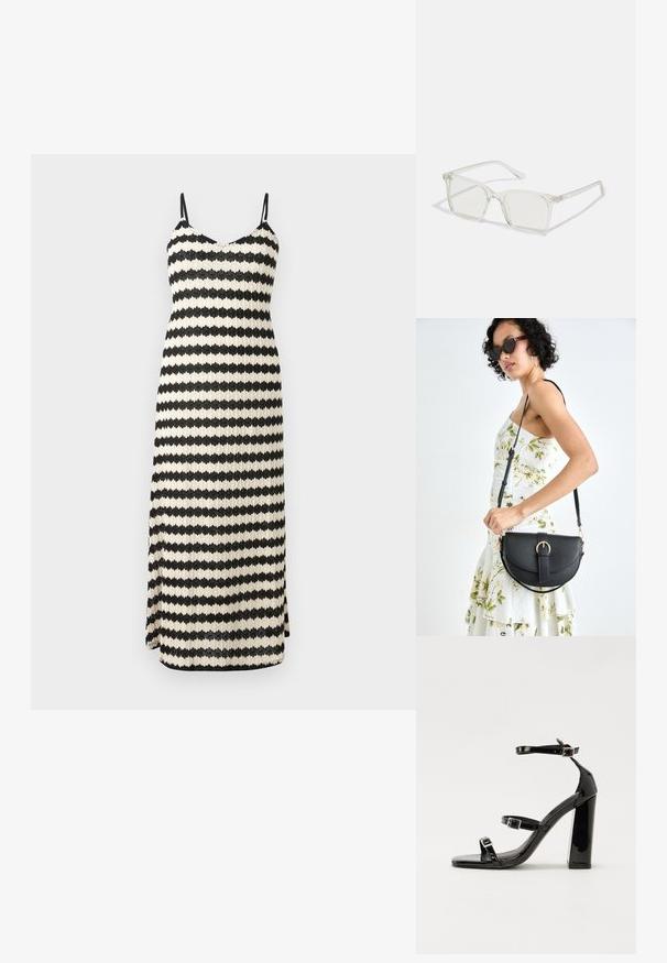 Crna i krem prugasta maxi haljina s tankim naramenicama, V-izrezom i bočnim prorezom. Izrađena od teksturiranog materijala s prilagođenim krojem.; Crne lakirane sandale na pete sa kvadratnim nosom, trakama oko gležnja i srebrnim kopčama. Imaju čvrst blok petu za stabilnost.; Prozirne plastične naočale kvadratnog okvira s prozirnim lećama, koje sadrže zlatne akcentne detalje na drškama.; Crna kožna torba s lukovitim oblikom, odvojivim remenom i zlatnim detaljima. Torba ima preklop s kopčom.